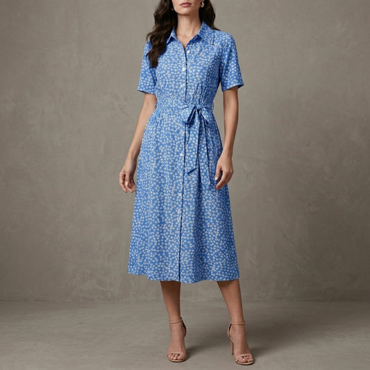 Graceful Floral Midi Dress with Adjustable Waist Tie