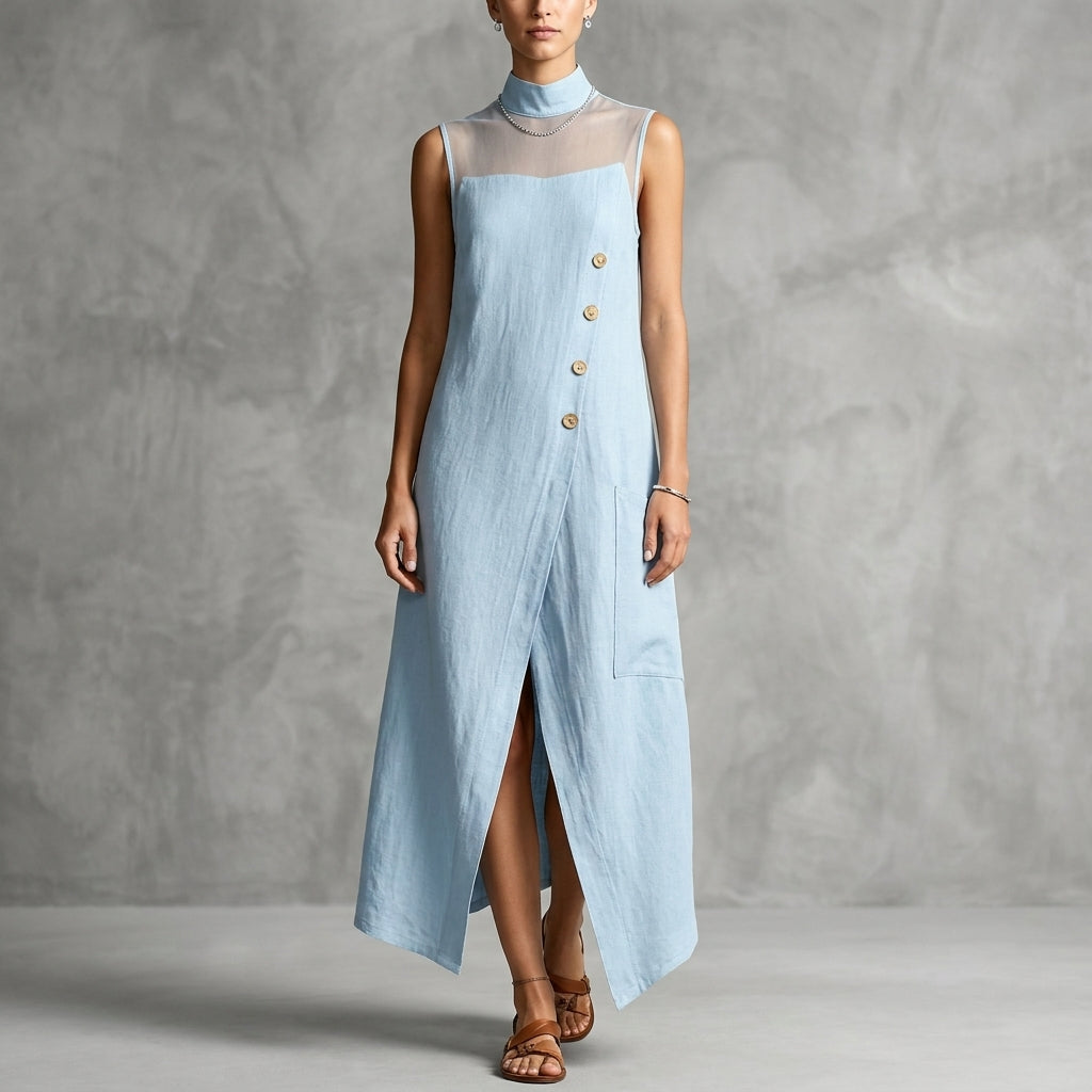 Sleeveless A-Line Maxi Dress with Sheer Mesh Yoke and Asymmetric Buttons