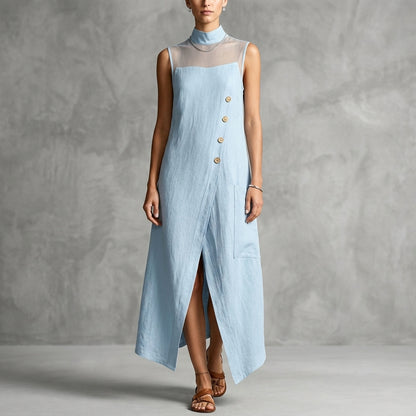 Sleeveless A-Line Maxi Dress with Sheer Mesh Yoke and Asymmetric Buttons