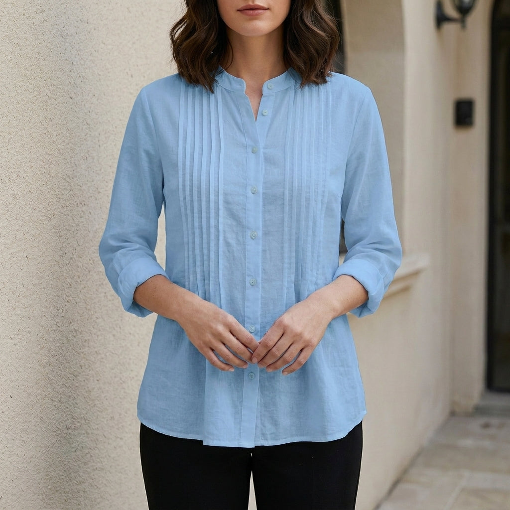 Elegant Pleated Button-Front Blouse with Relaxed Silhouette