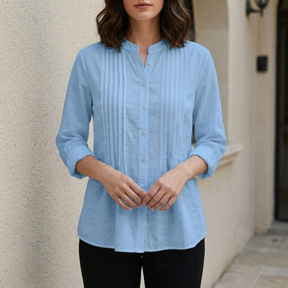 Elegant Pleated Button-Front Blouse with Relaxed Silhouette