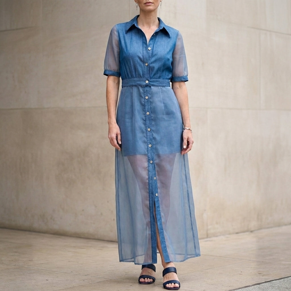 Ocean Twilight Sheer Sleeve Button-Front Maxi Dress