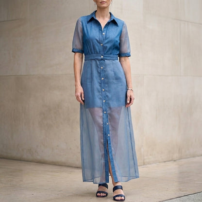 Ocean Twilight Sheer Sleeve Button-Front Maxi Dress