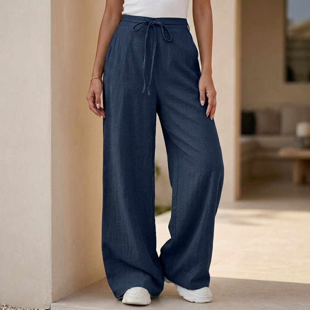 High-Rise Wide Leg Pants with Drawstring Waist and Soft Draping