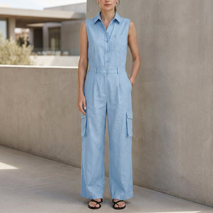 Tailored Sleeveless Utility Jumpsuit with Wide-Leg Silhouette and Collar