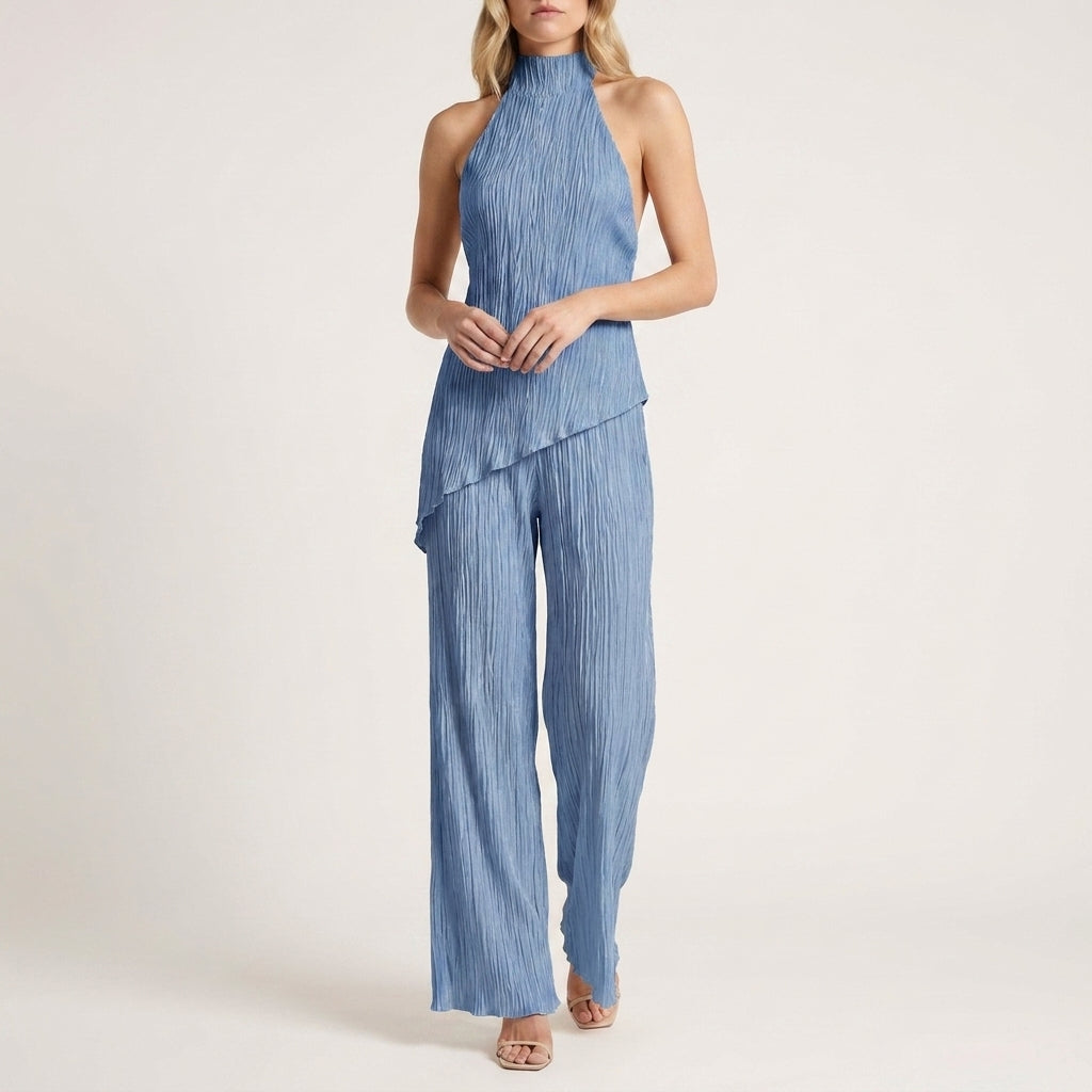 Celeste Pleated Halter Top and Wide-Leg Pant Set
