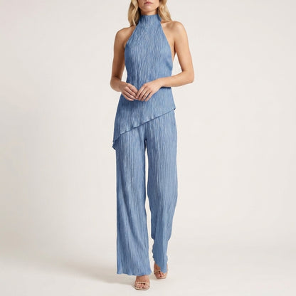 Celeste Pleated Halter Top and Wide-Leg Pant Set