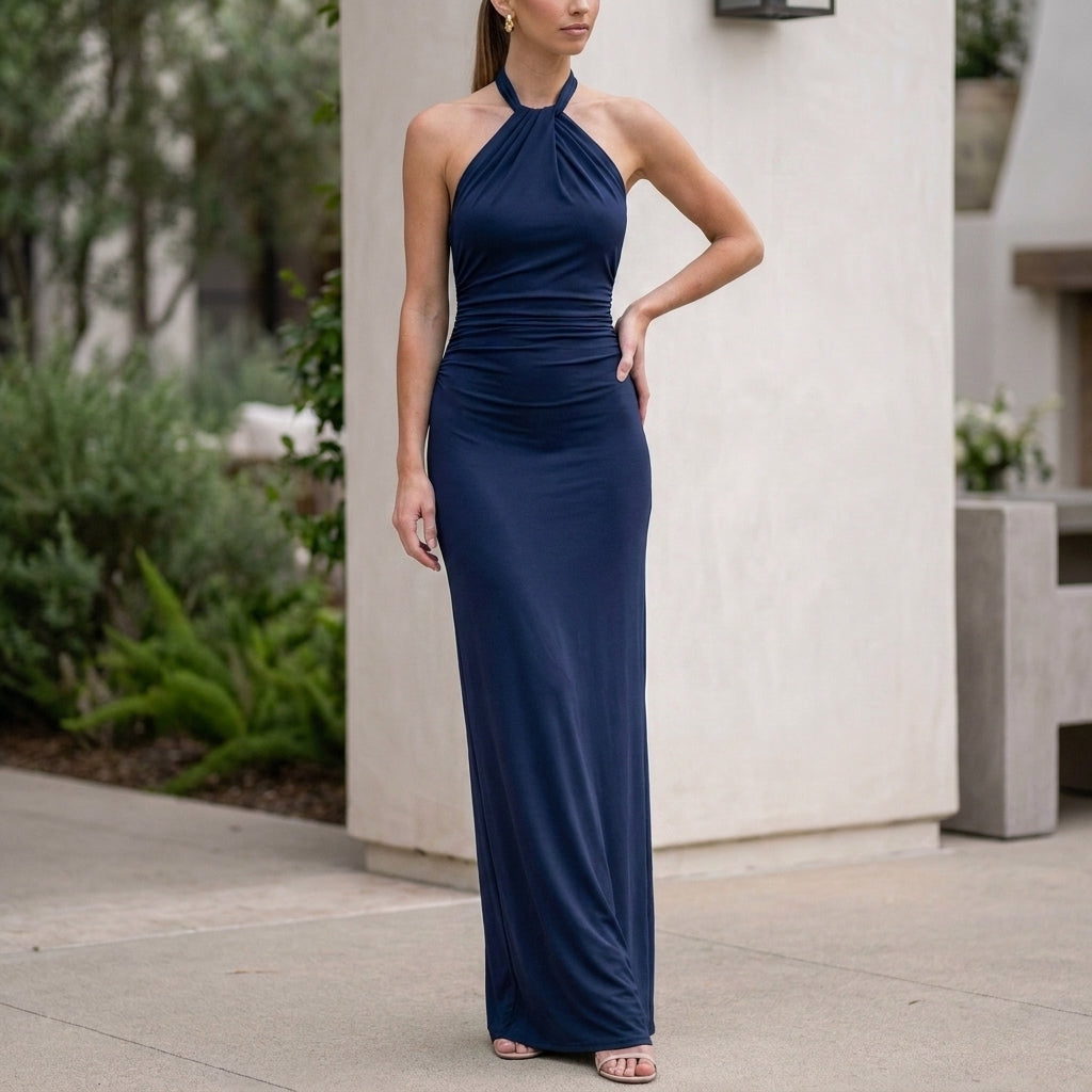 Elegant Twisted Halterneck Maxi Dress with Ruched Bodice and Backless Silhouette