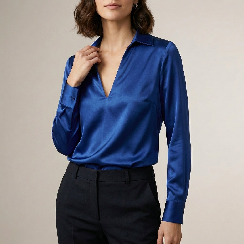Tailored V-Neck Blouse with Spread Collar and Lustrous Finish