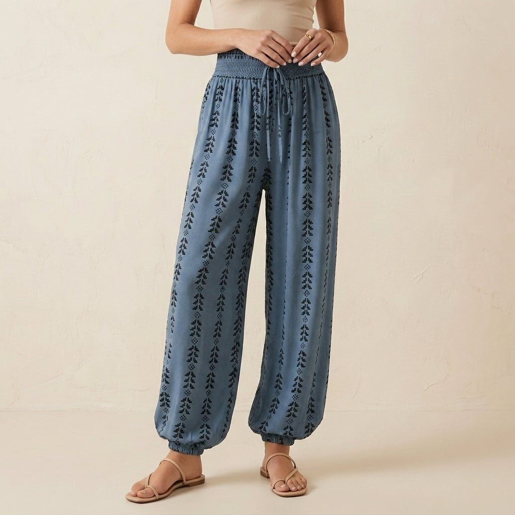 High-Waisted Lantern Pants with Tapered Cuffs and Ethnic Motifs