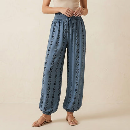High-Waisted Lantern Pants with Tapered Cuffs and Ethnic Motifs