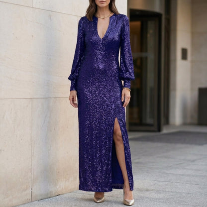 Sequined Maxi Evening Gown with V-Neck and Front Slit