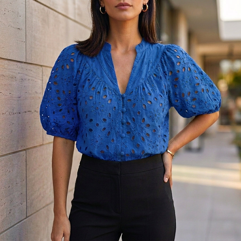 Embroidered V-Neck Blouse with Voluminous Lantern Sleeves and Eyelet Detail