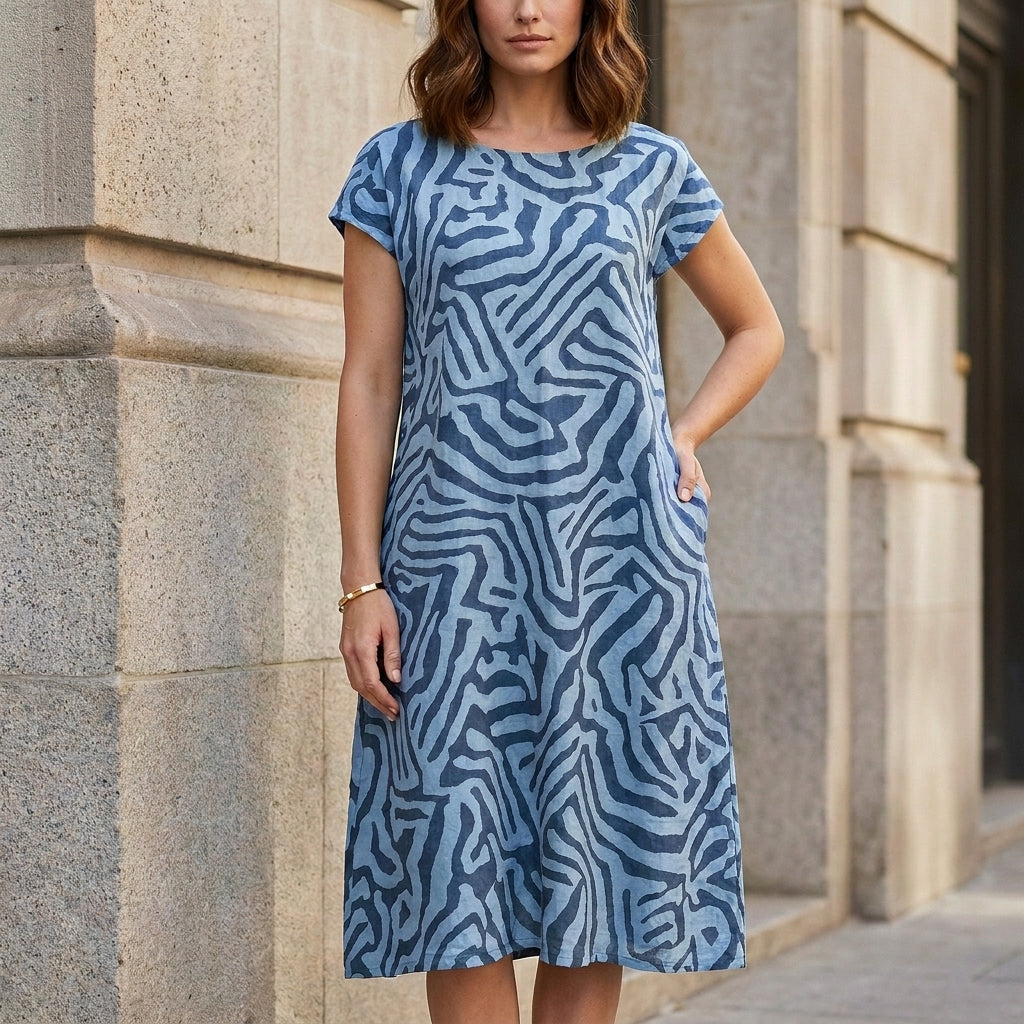 Abstract Print Midi Dress with Relaxed Everyday Silhouette