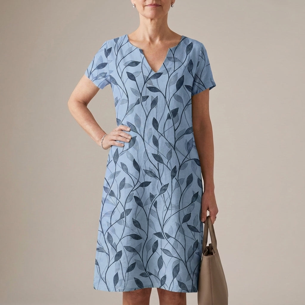 Relaxed A-Line Dress with Notched V-Neck and Botanical Motif