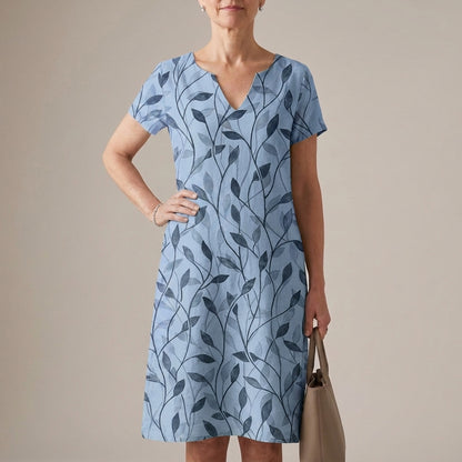 Relaxed A-Line Dress with Notched V-Neck and Botanical Motif