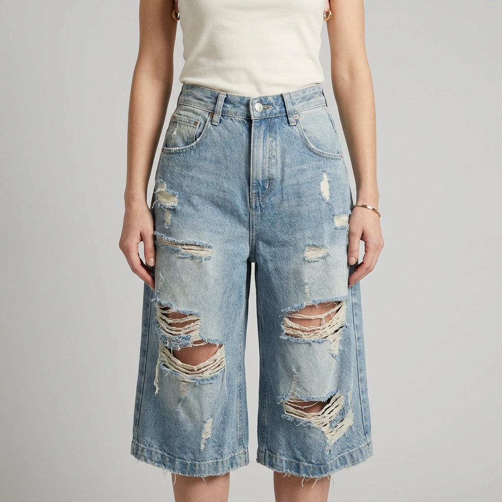 Vintage Wash Distressed Wide-Leg Cropped Denim Pants