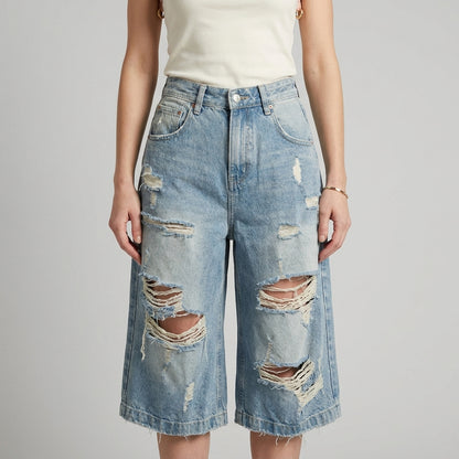 Vintage Wash Distressed Wide-Leg Cropped Denim Pants