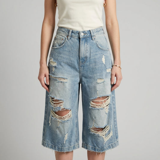 Vintage Wash Distressed Wide-Leg Cropped Denim Pants