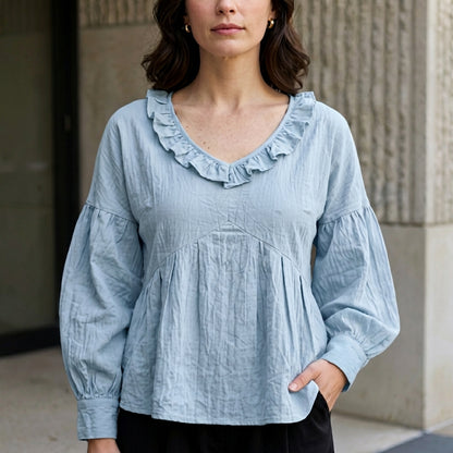 Relaxed Ruffle Trim V-Neck Peasant Blouse