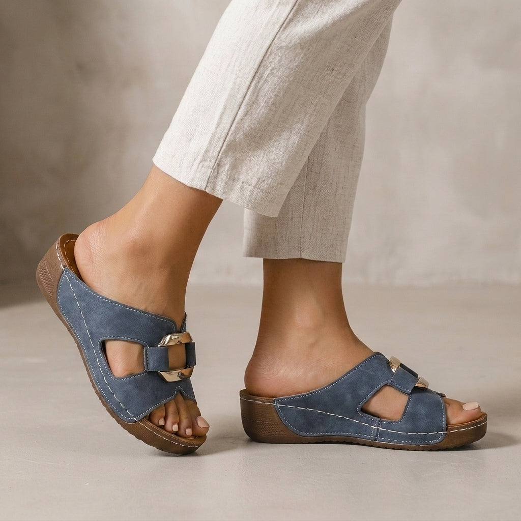 Structured Wedge Sandals with Embossed Texture and Metal Buckle Detail