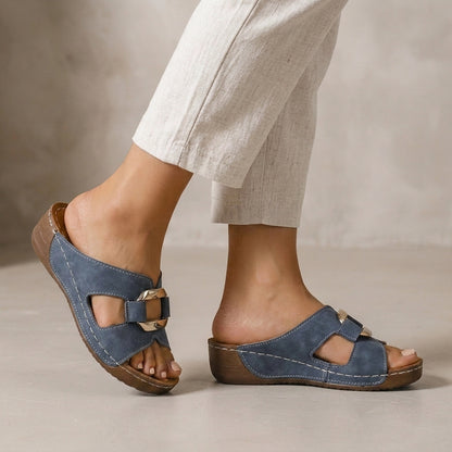 Structured Wedge Sandals with Embossed Texture and Metal Buckle Detail