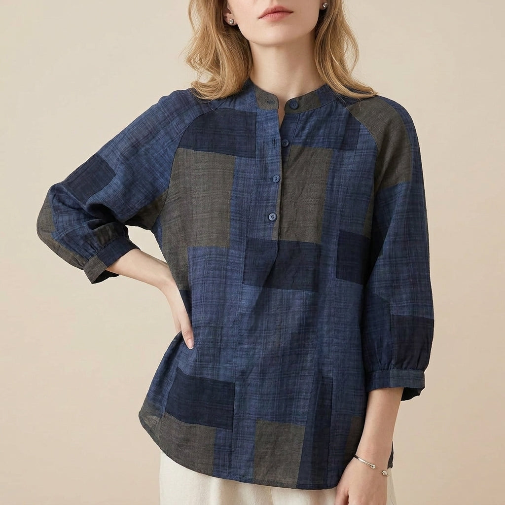 Relaxed Lantern Sleeve Blouse with Mandarin Collar and Curved Hem