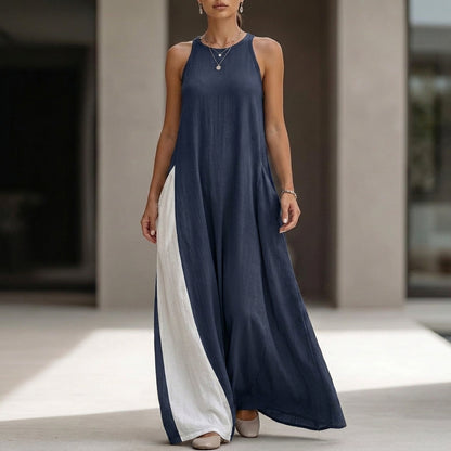 Relaxed Sleeveless Maxi Dress with High Neckline and Side Pockets