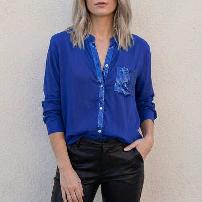 Relaxed Button-Front Statement Pocket Blouse
