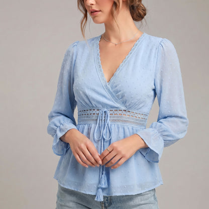 Romantic V-Neck Wrap Blouse with Lace Detailing and Ruffled Sleeves