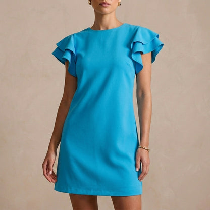 Elegant Backless Shift Dress with Layered Ruffle Sleeves and Boat Neckline