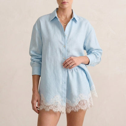 Relaxed Lace-Trimmed Two-Piece Shirt and Shorts Set with Classic Collar