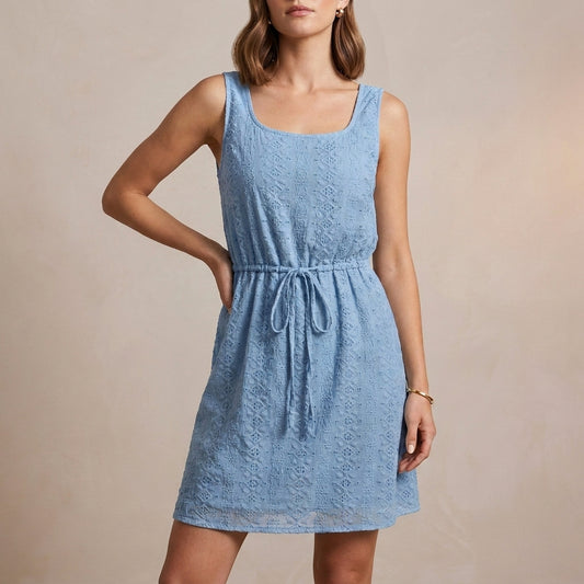 Sleeveless Mini Dress with Hollow-Out Textured Fabric and Adjustable Waist