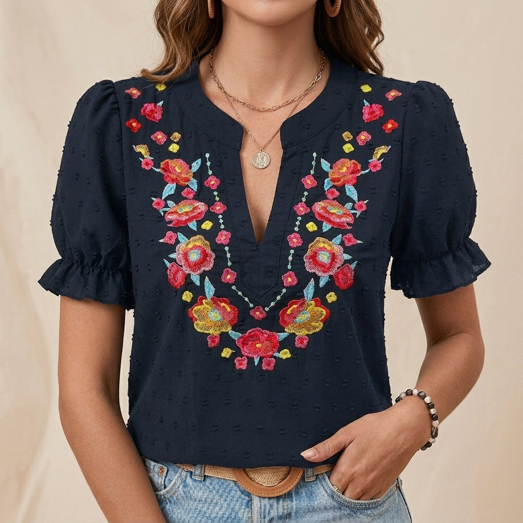 Embroidered Floral Notch Neckline Blouse with Puff Sleeve Detail