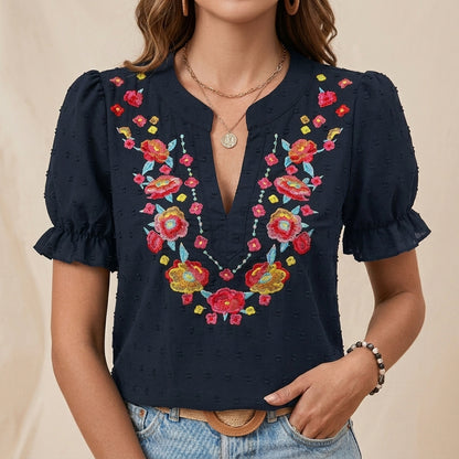 Embroidered Floral Notch Neckline Blouse with Puff Sleeve Detail