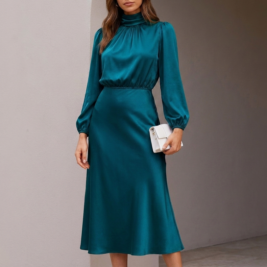 Tailored High Waist Midi Dress with Elegant Sleeves