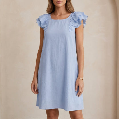 Textured Woven Mini Shift Dress with Lotus Leaf Ruffle Sleeves
