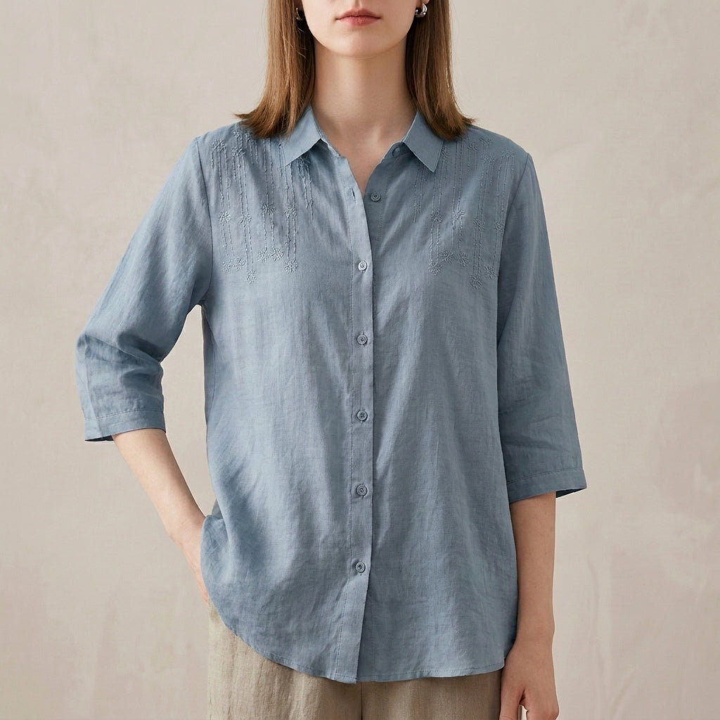 Relaxed Fit Button-Up Shirt with Tonal Floral Embroidery and Classic Collar