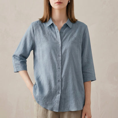 Relaxed Fit Button-Up Shirt with Tonal Floral Embroidery and Classic Collar