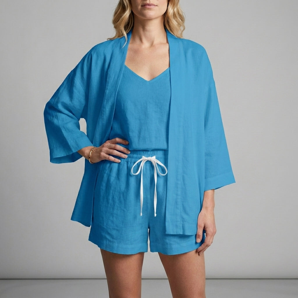 Elegant Three-Piece Lounge Set with Kimono and Shorts