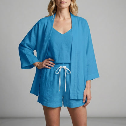 Elegant Three-Piece Lounge Set with Kimono and Shorts
