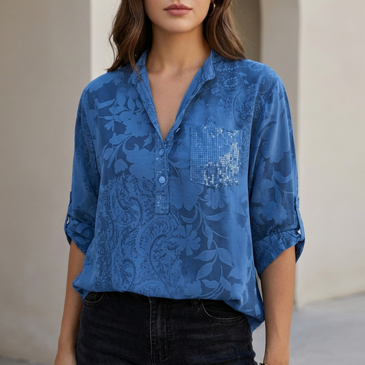 Relaxed Floral Burnout Blouse with Adjustable Roll-Tab Sleeves