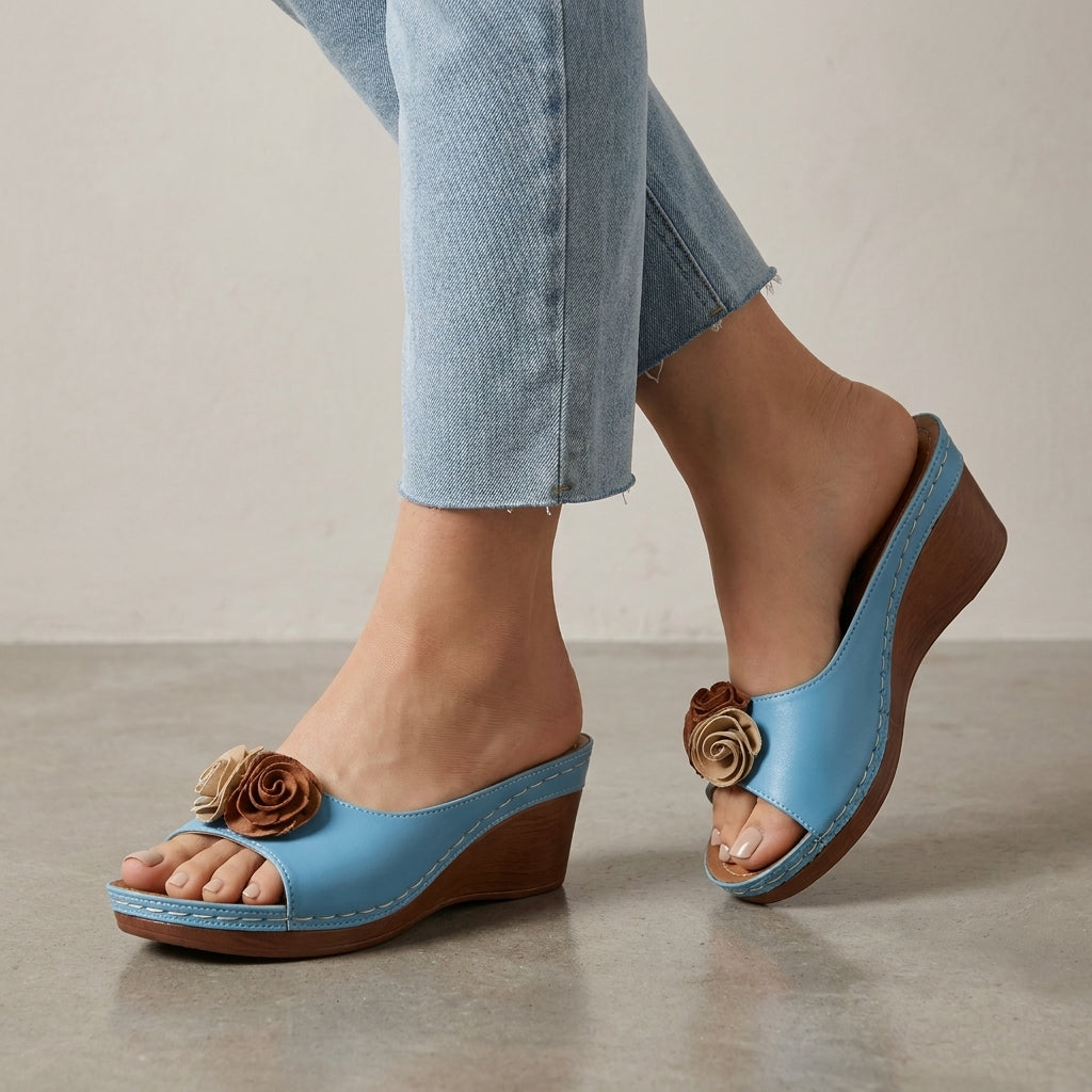 Wedge Slide Sandals with Layered Floral Accent and Cushioned Footbed