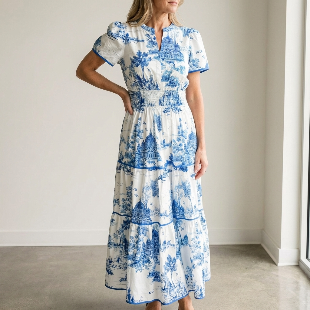 Camille Elegant Maxi Dress with Tiered Skirt and Puff Sleeves