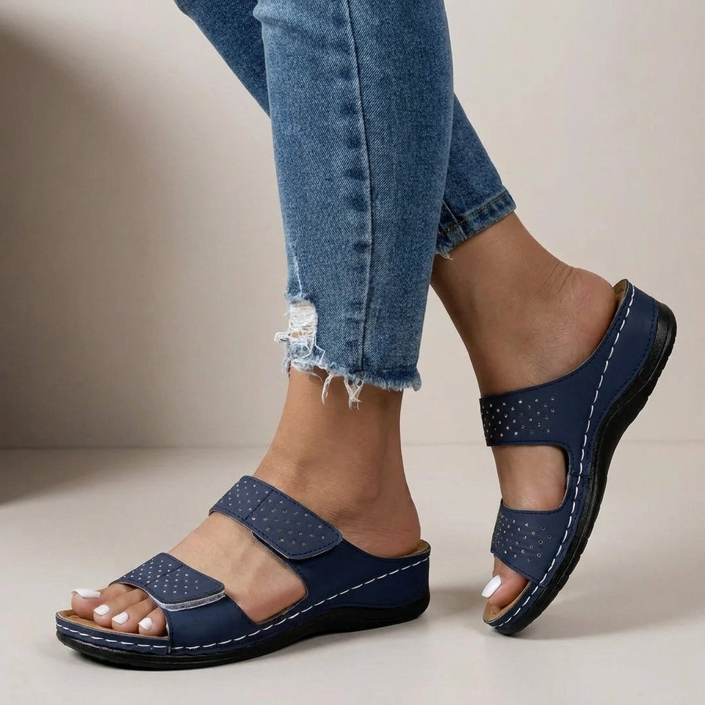 Structured Dual-Strap Wedge Sandals with Laser-Cut Geometric Detail for Relaxed Comfort