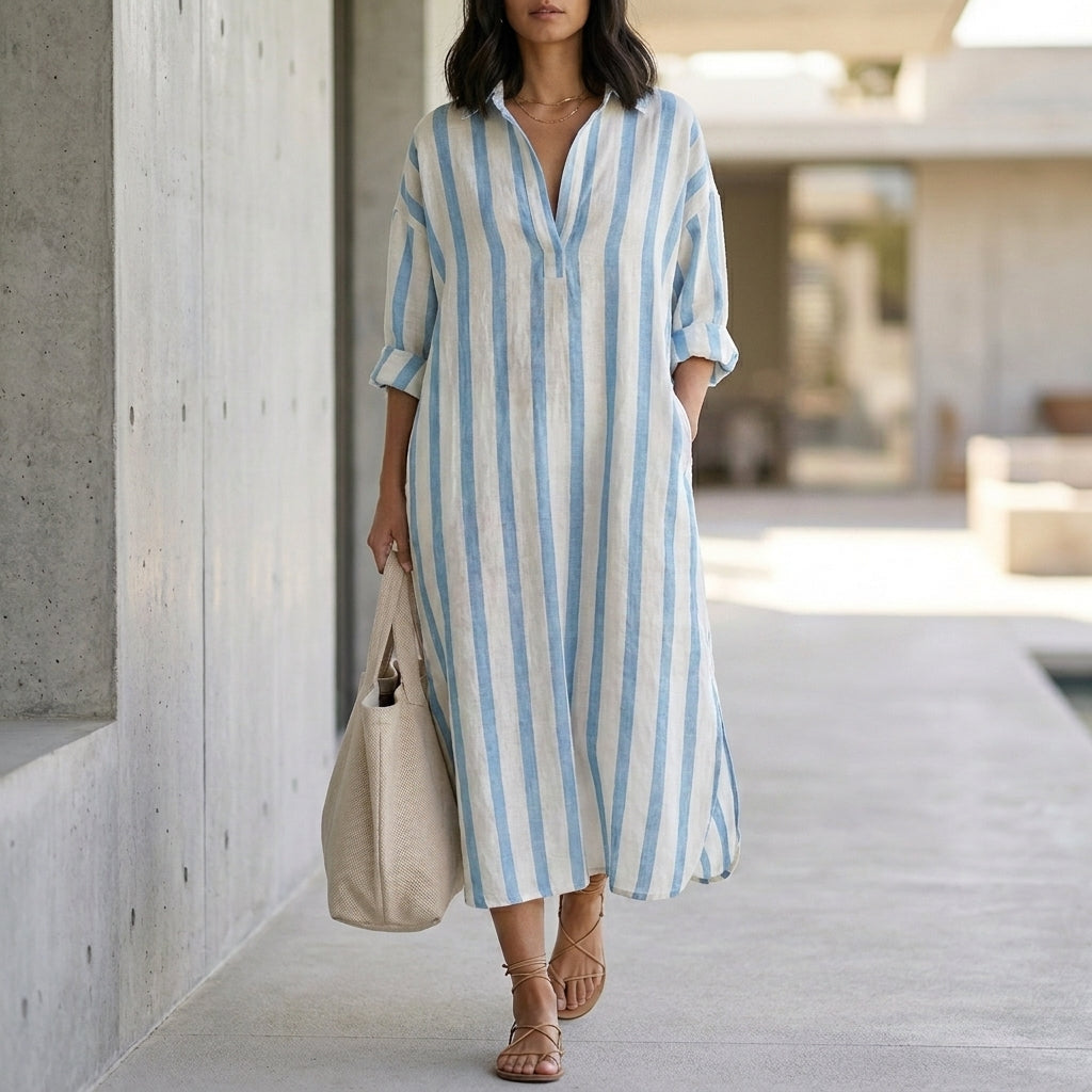 Relaxed Maxi Shirt Dress with Vertical Stripes and Classic Collar