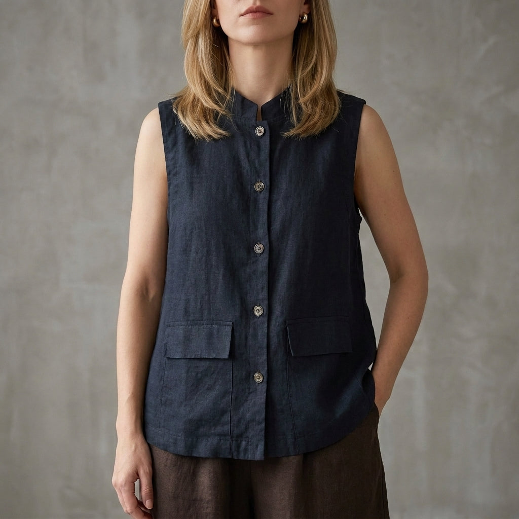 Minimalist Button-Up Sleeveless Blouse with Relaxed Fit and Front Pockets