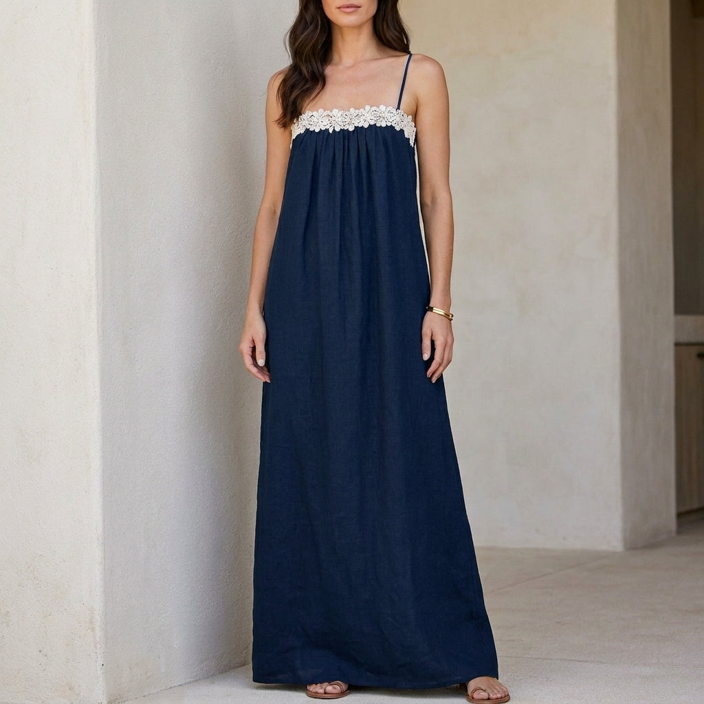 Contrast Trim Smocked Bodice Maxi Dress