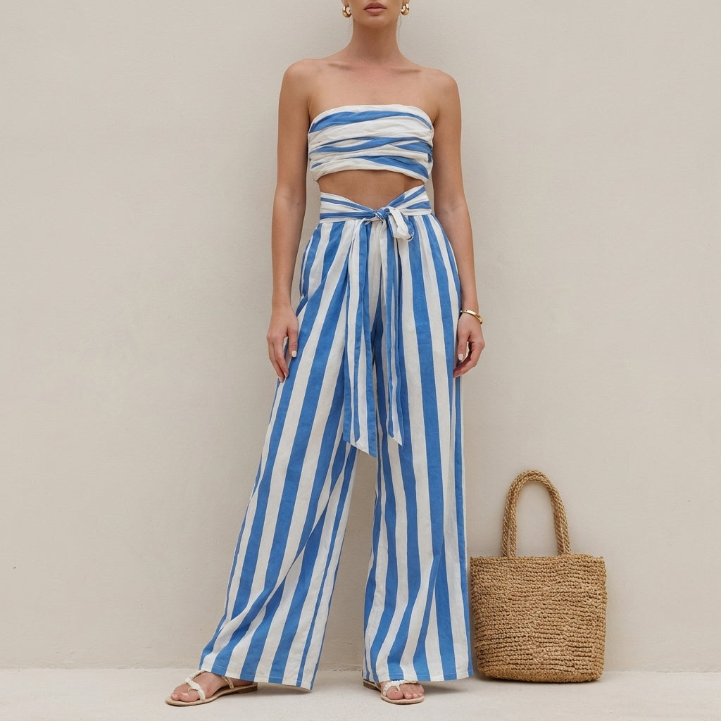 Ruched Strapless Bandeau Two-Piece Wide-Leg Pantsuit with Self-Tie Waist