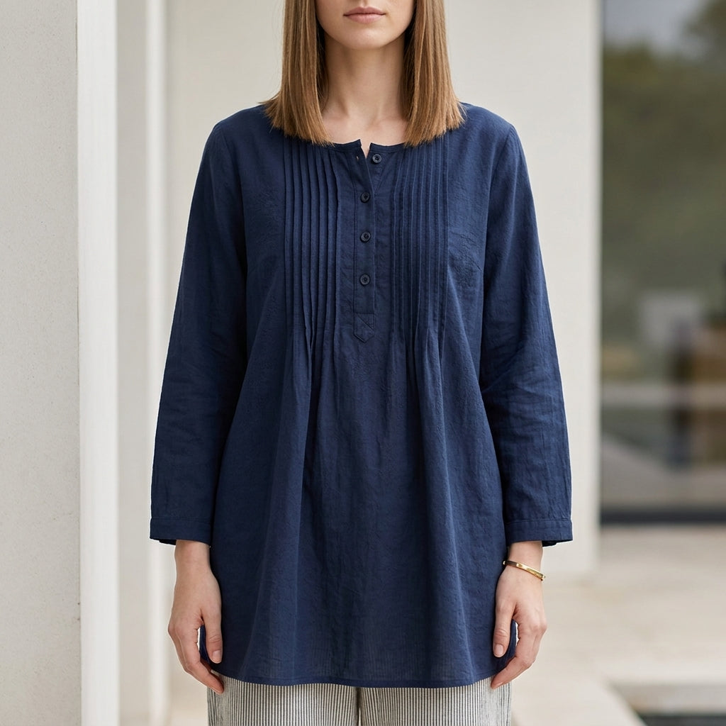 Relaxed Oversized Long-Sleeve Shirt with Pin-Tuck Pleat Detail